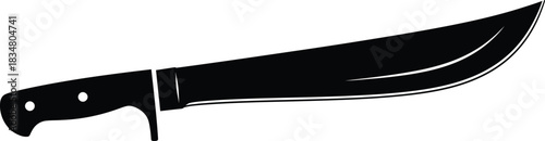 A black silhouette of a large curved blade machete isolated on white