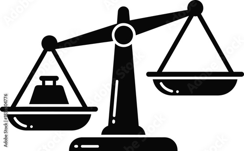 A simple black and white illustration of a classic balance scale