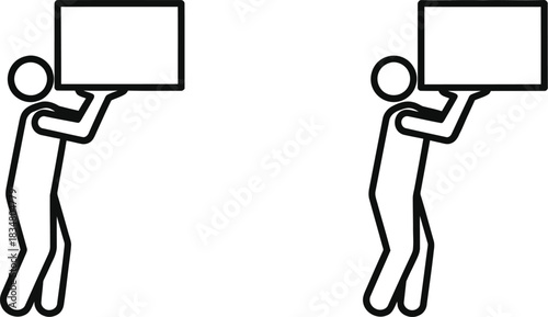 Two stick figures holding up rectangular signs or placards above their heads