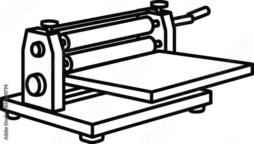Simple line drawing showcases a vintage tabletop printing press machine