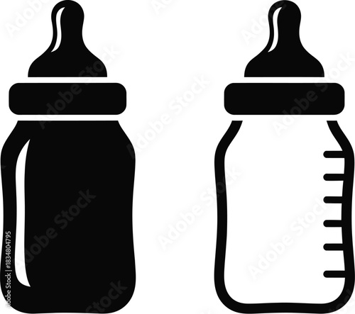 Two black baby bottles one with measurement markings isolated on white