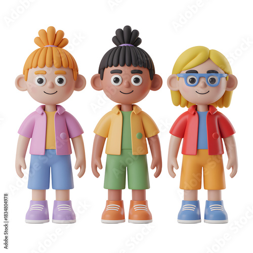 Diverse Cartoon Children Standing Together in Colorful Outfits