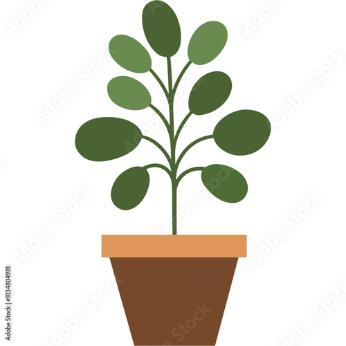 Green Leafy Potted Plant With Dark Green Leaves and Brown Terracotta Pot on Black Background Simple Vector Illustration Minimalist Style Home Decor Element Natural Beauty