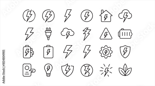 Energy-themed line-art icon collection displaying utility concepts such as power, charging, protection, and sustainability