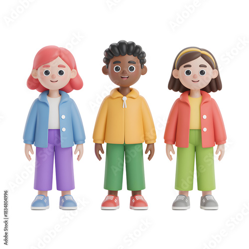 Diverse Children Standing Together in 3D Cartoon Style on White Background