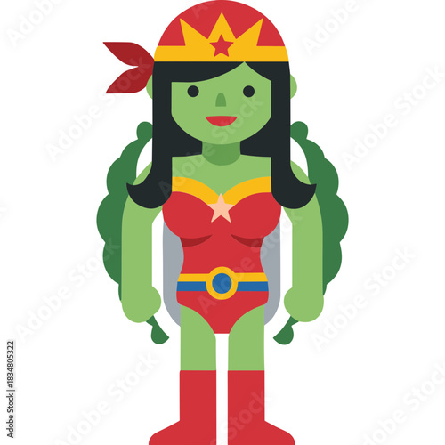 Green Female Zombie Character Dressed As A Superhero In A Red Costume With Golden Crown And Boots And A Red Bandana On A Black Background
