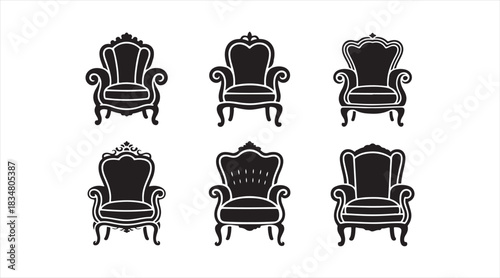 Set of classic armchair silhouettes with ornate vintage furniture designs for decor and illustration