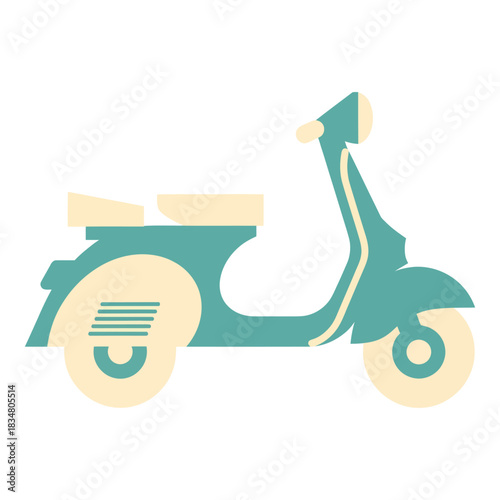 Stylized vintage teal and cream scooter illustration on a white background, depicting a classic two-wheeled vehicle.