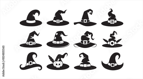 Assorted spooky witch hats in stylized black silhouettes for holiday artwork
