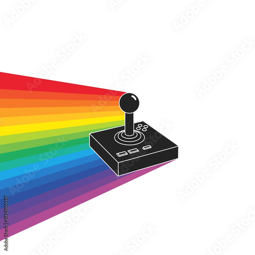A retro arcade joystick is illuminated by a spectrum of rainbow light, casting a shadow on a white background.