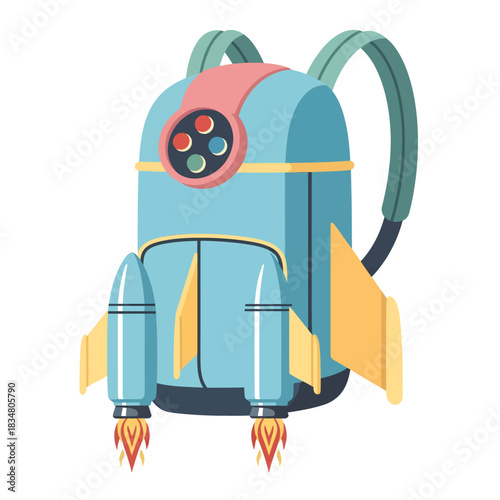 A whimsical cartoon jetpack backpack with rocket boosters firing, isolated on a white background.