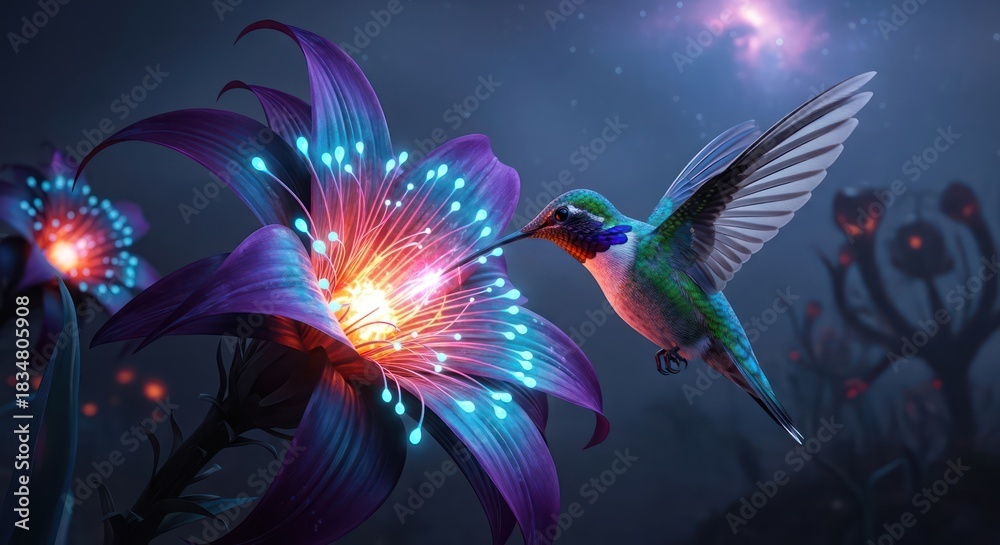 Fototapeta premium Hummingbird and illuminated flora encounter a glowing nexus of fantastical energy