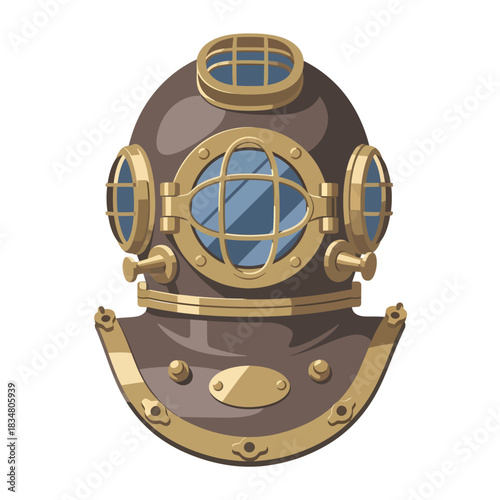 A detailed illustration of a vintage deep-sea diving helmet with brass portholes, isolated on a white background.