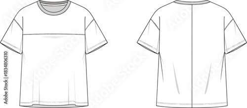 Cad t-shirt flat sketch, technical fashion illustration, apparel design template, vector garment drawing, front and back view detailed outline
