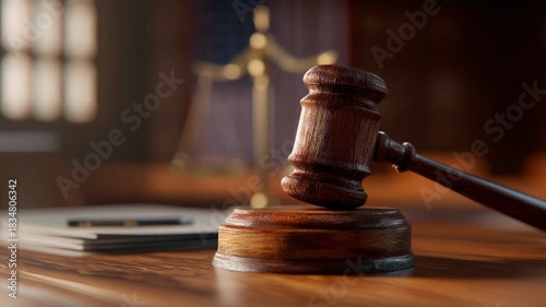 Justice and Law Concept with Gavel on Desk and Scales in Background for Legal Profession