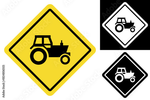 Warning sign indicating the presence of agricultural vehicles ahead, often seen in rural areas or near construction zones to alert drivers to potential tractor traffic