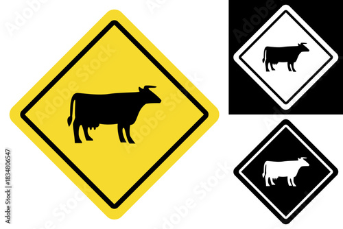 The image shows three variations of a cow crossing traffic sign. The main sign is a yellow diamond with a black silhouette of a cow.