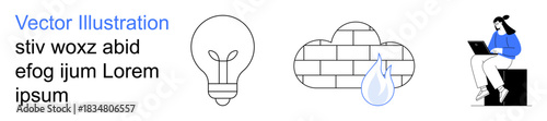 Technology, innovation, brainstorming, cloud storage, remote work, digital communication. A lightbulb, brick cloud with a droplet and a laptop user. Technology and innovation concept