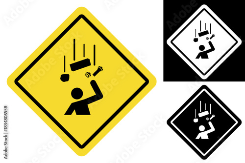 Safety warning sign indicating a risk of falling objects, showing a figure endangered by tools and materials, essential for workplace hazard identification and prevention
