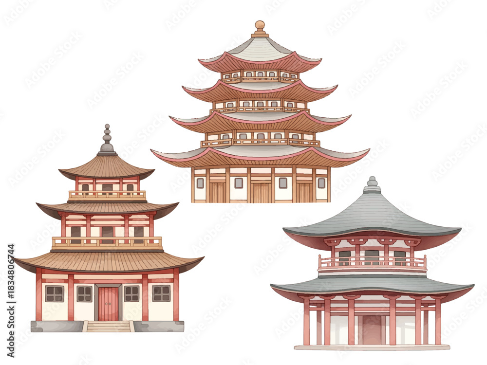 Fototapeta premium Cute Watercolor Pagoda Architecture Illustration