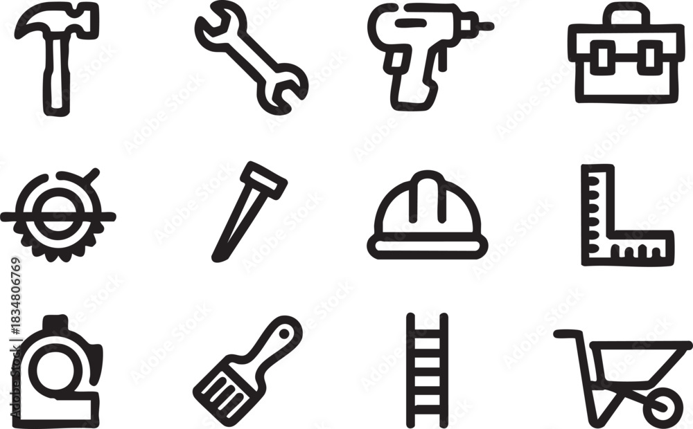 Fototapeta premium Construction hand tools and equipment are arranged neatly on a white background