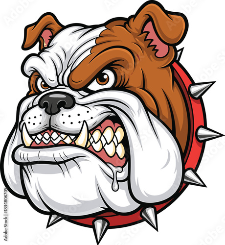 Aggressive Bulldog Mascot Head with Spiked Collar Cartoon Design