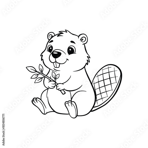 Cute Baby Beaver, Adorable Line Art Animal Illustration