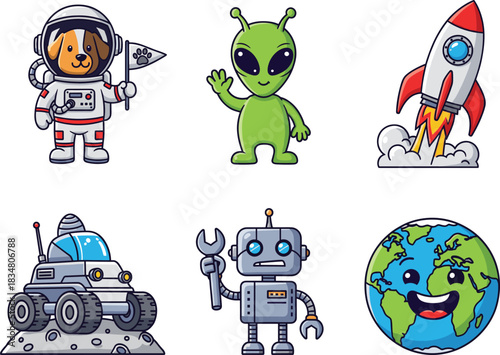 Cartoon Space Characters Set with Alien, Rocket, Robot, Astronaut Dog, Rover, and Earth