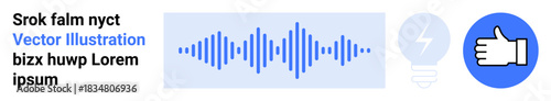 Digital marketing, podcasting, innovation, energy, audio media, approval. Blue audio waveform, light bulb and thumbs-up icons in a minimalist style. Digital media and podcasting concepts