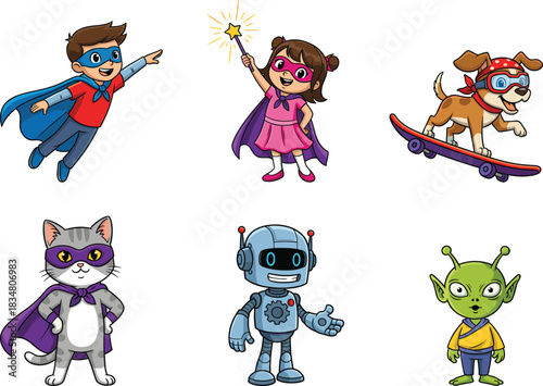 Cartoon Superhero and Fantasy Character Set for Kids and Creative Projects
