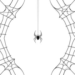 Minimal black spider web corners on white background with hanging spider, elegant Halloween border design with thin delicate lines, clean minimalist vector illustration isolated on white 