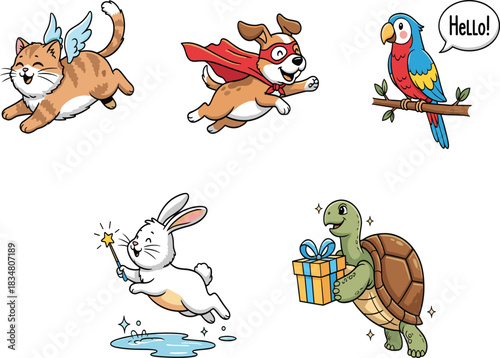 Fantasy cartoon animals with wings, capes, gifts, wand, and speech bubble