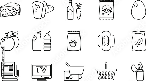 Outline Icons of Diverse Grocery Store Products, Electronics, and Household Items Representing Consumer Shopping and Retail Commerce.
