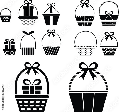 Collection of Gift Basket Silhouette Icons, Presents and Hampers with Decorative Bows, Various Shapes and Textures for Shopping, Holidays, and Celebration Graphics Set