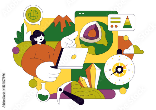 Geologist Illustration Featuring Soil Analysis and Earth Surface Features For Scientific Research, Exploration, or Expedition In a Background