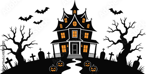 Spooky Halloween Landscape Silhouette Vector Illustration Featuring Haunted House, Flying Bats, Creepy Dead Trees, Jack-o'-Lanterns, and Cemetery Gravestone Scene