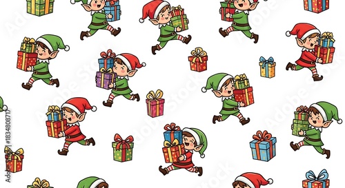 Cartoon elves carrying wrapped gifts festive background