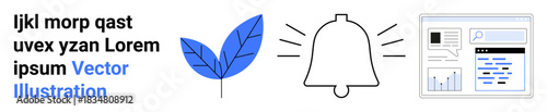 Nature, notifications, digital analytics, user interface, templates, data visualization. A blue leaf, a ringing bell icon and a dashboard layout. Notifications and digital analytics concepts