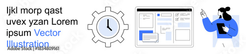 Business operations, productivity, time management, project planning, workflow analysis, software interfaces. Clock icon, interface screen person with clipboard. Productivity and business operations