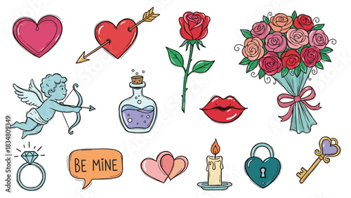 Valentine's Day Icon Set Celebrate Love with Hearts, Roses, Cupids, and Romantic Symbols
