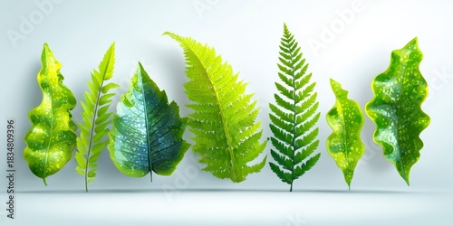 A collection of vibrant green botanical leaves featuring ferns and wavy foliage set against a clean white background