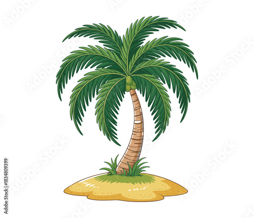 Cartoon illustration of a single palm tree growing on a small patch of sandy tropical island ground