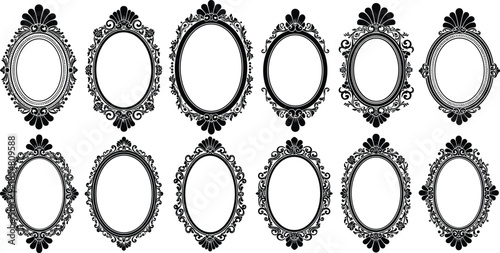 Collection of Vintage Ornate Oval Frame Silhouettes Vector Icons, Including Baroque and Rococo Styles, Ideal for Mirror, Photo, or Decorative Border Design