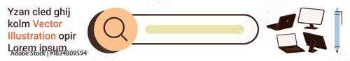 Web navigation, technology tools, online search, digital devices, internet usage, UI elements. Search bar with magnifying glass, laptops tablets and pen. Web navigation and technology tools concept