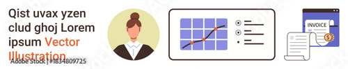 Business management, data analytics, financial transactions, accounting workflows, invoicing, professional profiles. Woman avatar, graph checklist and invoice icons. Business and data analytics
