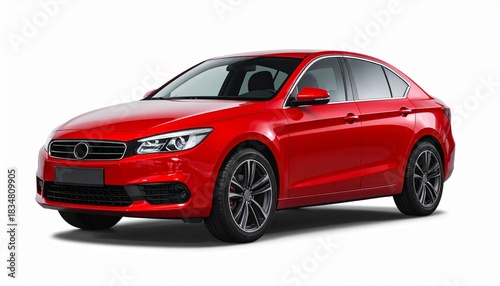 Red sedan viewed from rear-left on white background