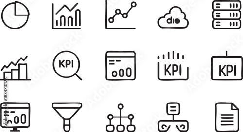 Line art shows financial analysis with pie charts, KPIs, graphs, and data server cloud