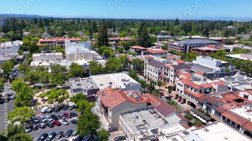 Historic commercial buildings aerial view on Hamilton Avenue including City hall in historic city center of Palo Alto, California CA, USA. 