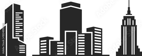 Modern, iconic, and abstract city skyline vector silhouette collection, featuring skyscrapers, urban buildings, and architectural towers for business, finance