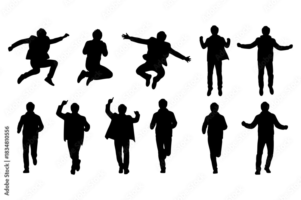 Obraz premium Set of male silhouettes in various action poses, a vector collection of men running, jumping, and celebrating with arms raised